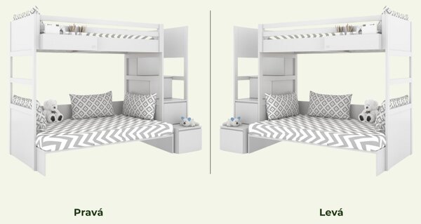 Bílá patrová postel se dvěma lůžky SIMONE s úložnými schody a policí 90x200 cm, 120x200 cm Zvolte šuplík: Bez šuplíku, Zvolte stranu: Vpravo
