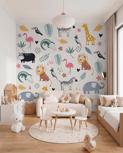 Fototapety zvířata, lvi, žirafy, sloni, listy, dětský pokoj, Fototapety dětské, w00555 : uwalls.cz