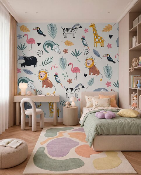 Fototapety zvířata, lvi, žirafy, sloni, listy, dětský pokoj, Fototapety dětské, w00555 : uwalls.cz