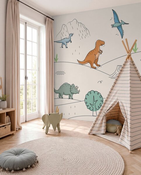 Fototapety Barevní dinosauři na kopcích, Fototapety dětské, Fototapety dinosauři, w00637 : uwalls.cz