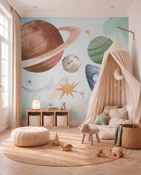Fototapety Barevné ilustrace zobrazující různé planety a vesmír akvarel, Fototapety dětské, Fototapety pro chlapce, w00539 : uwalls.cz