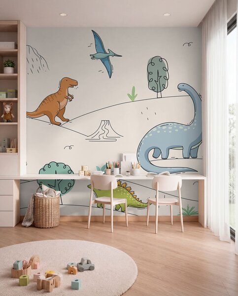 Fototapety Barevní dinosauři na kopcích, Fototapety dětské, Fototapety dinosauři, w00637 : uwalls.cz