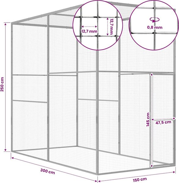VidaXL Klec pro kočky 3 x 1,5 x 2,5 m pozinkovaná ocel [146360]