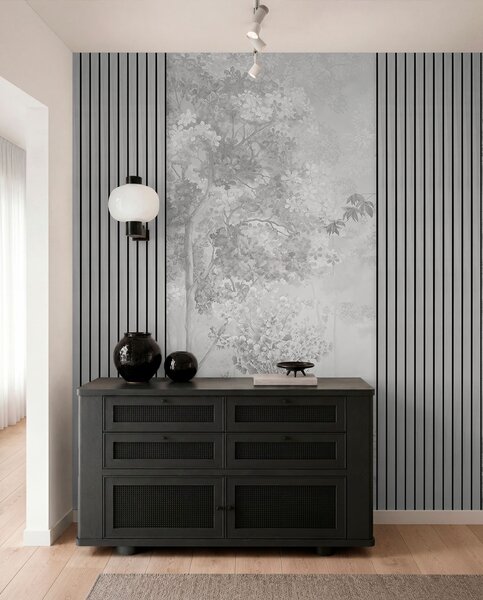 Fototapety Dřevěné panely a jemný les v šedých tónech, Fototapety černobílé, w00670v3 : uwalls.cz