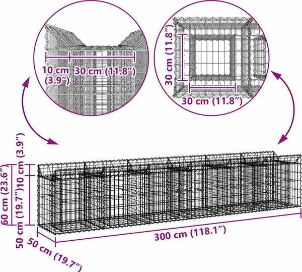 VidaXL Gabionový vyvýšený záhon 2 ks 300 x 50 x 60 cm Pozinkovaná ocel [3422216]
