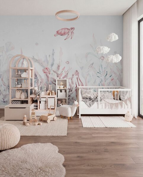 Fototapety Akvarel mořské korály, mušle, želva, mořský život, jemné růžové barvy, Fototapety moře, w00849v2 : uwalls.cz