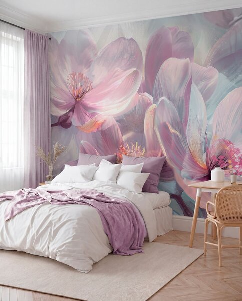 Fototapety Jemné transparentní pastelové neonové světle růžové a bílé květy s měkkým, rozmazaným pozadím, Fototapety květiny, w01307 : uwalls.cz