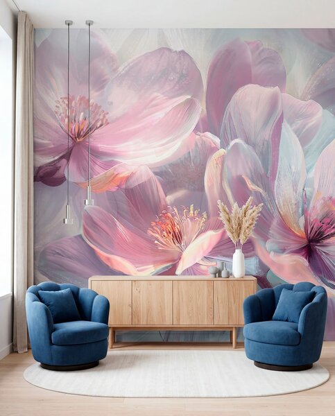 Fototapety Jemné transparentní pastelové neonové světle růžové a bílé květy s měkkým, rozmazaným pozadím, Fototapety květiny, w01307 : uwalls.cz