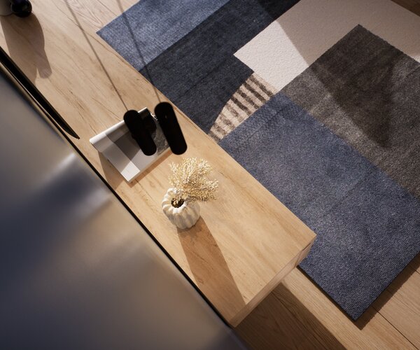 DELIFE TV stolek Cuor 220 cm keramika Laminam® Sabbia dubová barva 1 výklopná dvířka 2 zásuvky podnož závěsná kov černá