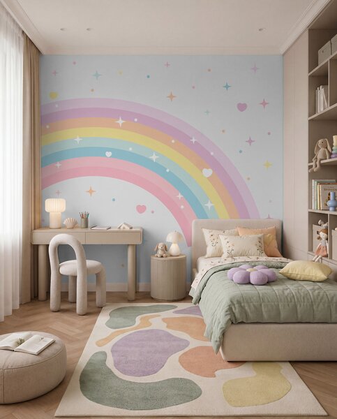 Fototapety Barevná duha s hvězdami a srdce ve skandinávském stylu, Fototapety dětské, Fototapety Dětské Duha, w08109 : uwalls.cz
