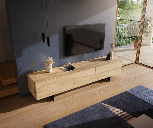 DELIFE TV stolek Cuor 220 cm keramika Laminam® Sabbia dubová barva 1 výklopná dvířka 2 zásuvky podnož závěsná kov černá