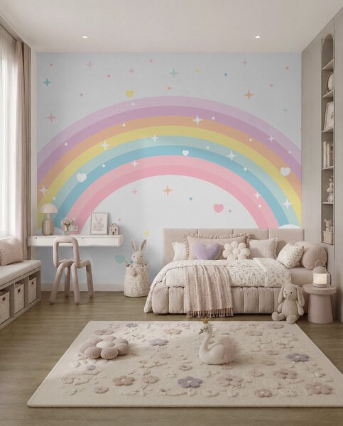 Fototapety Barevná duha s hvězdami a srdce ve skandinávském stylu, Fototapety dětské, Fototapety Dětské Duha, w08109 : uwalls.cz