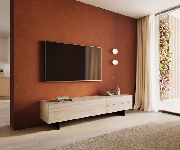 DELIFE TV stolek Cuor 220 cm keramika Laminam® Travertino Bianco krémová bílá 1 výklopná dvířka 2 zásuvky podnož závěsná kov černá