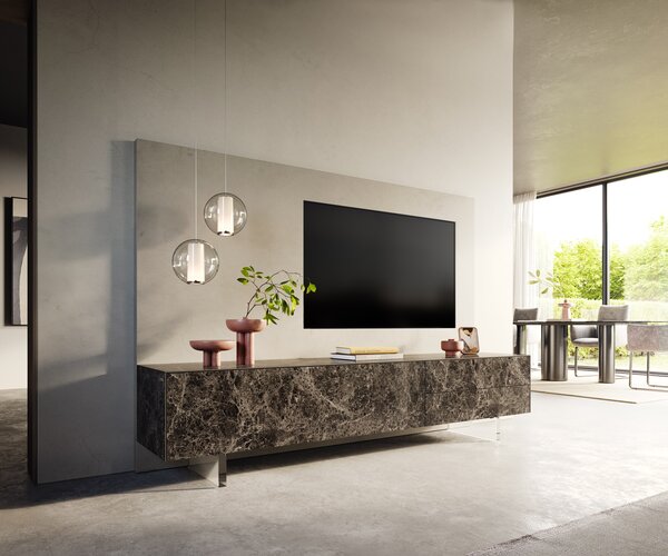 DELIFE TV stolek Cuor 220 cm keramika Emperador Extra Lucidato tmavě hnědá 1 výklopná dvířka 2 zásuvky podnož závěsná akrylglas