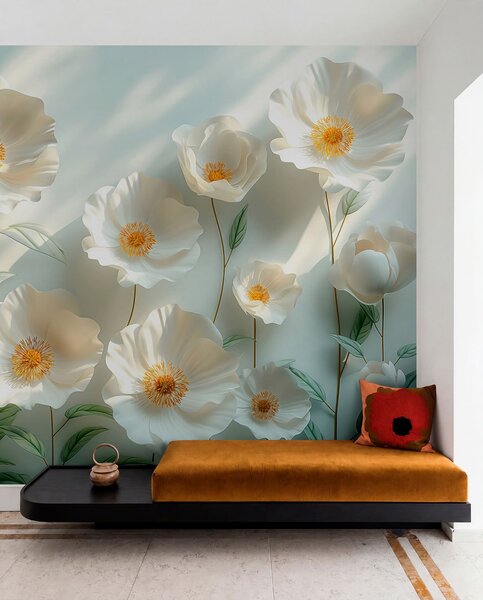 Fototapety Bílé máky proti zdi se slunečním světlem a 3D efektem, Fototapety 3D, Fototapety 3d květiny, w01339 : uwalls.cz