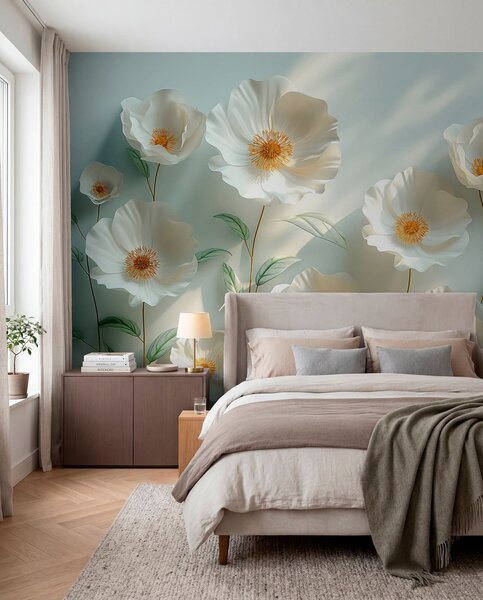 Fototapety Bílé máky proti zdi se slunečním světlem a 3D efektem, Fototapety 3D, Fototapety 3d květiny, w01339 : uwalls.cz