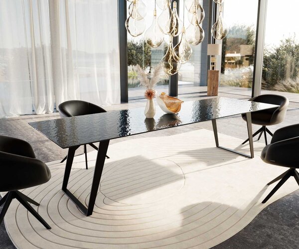 DELIFE Jídelní stůl Edge 300x100 sklo s reliéfem kouřově černé 3D design kov šikmý černý