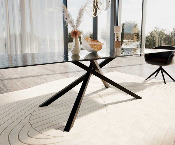 DELIFE Jídelní stůl Edge 300x100 sklo s reliéfem kouřově černé 3D design křížová podnož obdélník černá