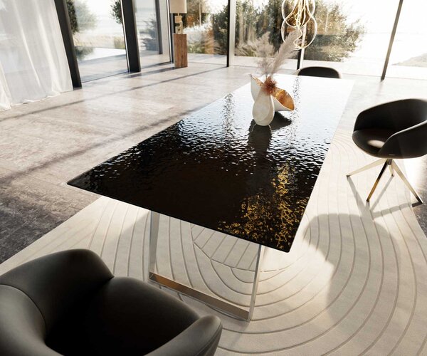 DELIFE Jídelní stůl Edge 300x100 sklo s reliéfem kouřově černé 3D design nerezová ocel šikmý