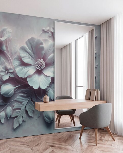 Fototapety 3D reliéfní nástěnné umění s peřím a květinami s velkým mákem ve světle, Fototapety 3D, Fototapety 3d květiny, w01340v2 : uwalls.cz