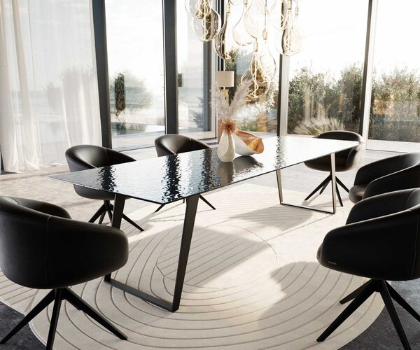 DELIFE Jídelní stůl Edge 300x100 sklo s reliéfem kouřově černé 3D design kov šikmý černý