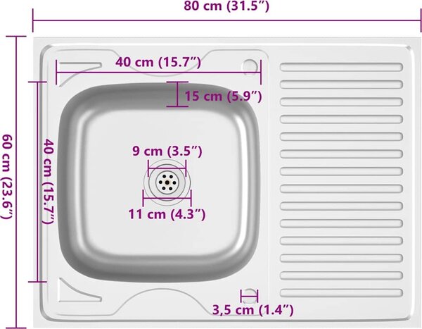 VidaXL Kuchyňský dřez s odtokem stříbrný 800x600x155 mm nerezová ocel [147233]