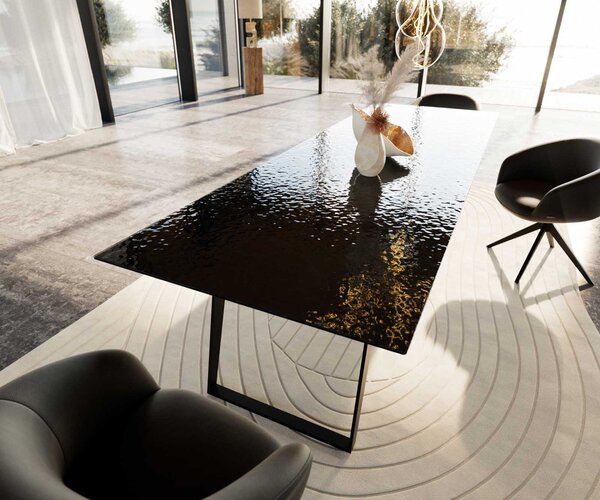 DELIFE Jídelní stůl Edge 300x100 sklo s reliéfem kouřově černé 3D design kov šikmý černý