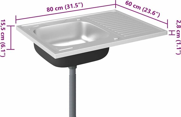 VidaXL Kuchyňský dřez s odtokem stříbrný 800x600x155 mm nerezová ocel [147233]