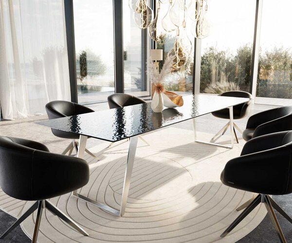 DELIFE Jídelní stůl Edge 300x100 sklo s reliéfem kouřově černé 3D design nerezová ocel šikmý