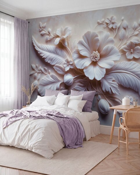 Fototapety 3D reliéfní nástěnné umění s peřím a květinami s velkým mákem ve světle, Fototapety 3D, Fototapety 3d květiny, w01340v1 : uwalls.cz