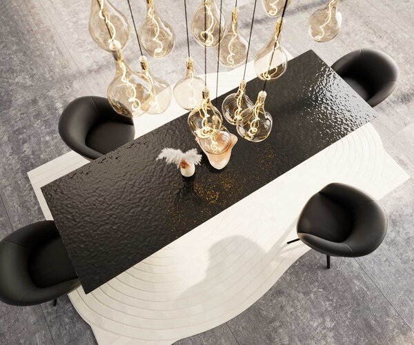 DELIFE Jídelní stůl Edge 300x100 sklo s reliéfem kouřově černé 3D design kov šikmý černý