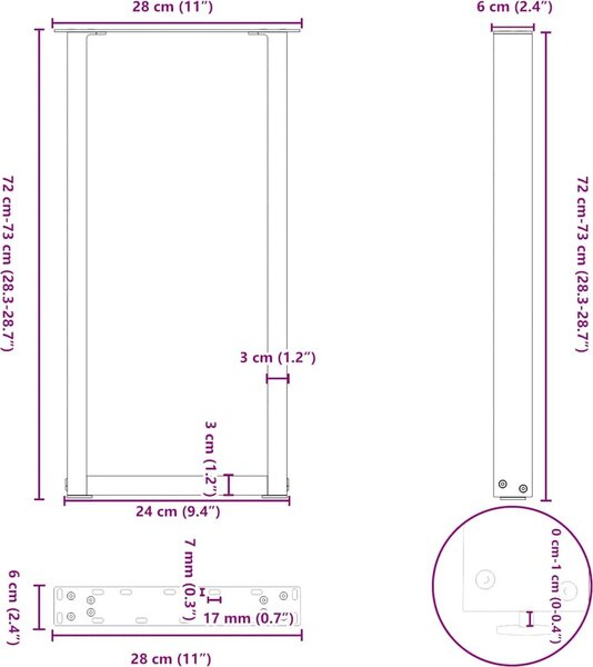 VidaXL Nohy konzolového stolku ve tvaru U, 2 ks, ocel, 28 x (72-73) cm, ocel [4013170] Barva: Černá