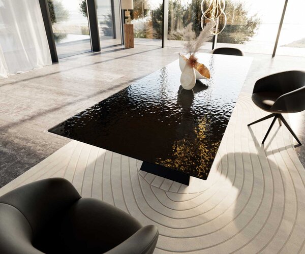 DELIFE Jídelní stůl Edge 300x100 sklo s reliéfem kouřově černé 3D design podnož ve tvaru V plochá ocel černá