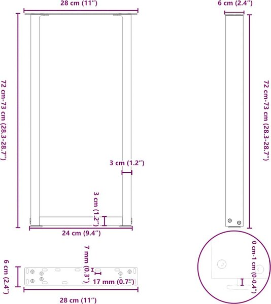 VidaXL Nohy konzolového stolku ve tvaru U, 2 ks, ocel, 28 x (72-73) cm, ocel [4013170] Barva: Černá