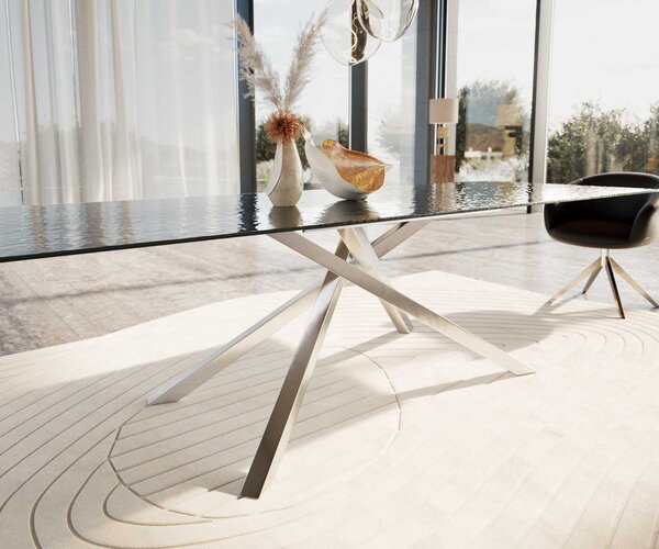 DELIFE Jídelní stůl Edge 300x100 sklo s reliéfem kouřově černé 3D design křížová podnož nerezová ocel