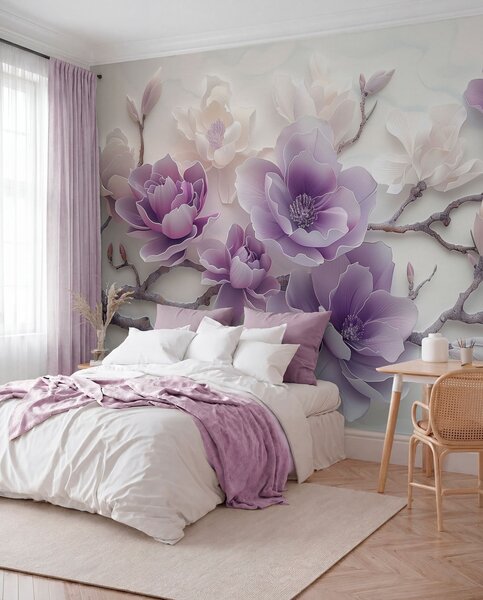 Fototapety Fialové reliéfní květy magnólie na elegantní větvi, Fototapety květiny, w01359 : uwalls.cz