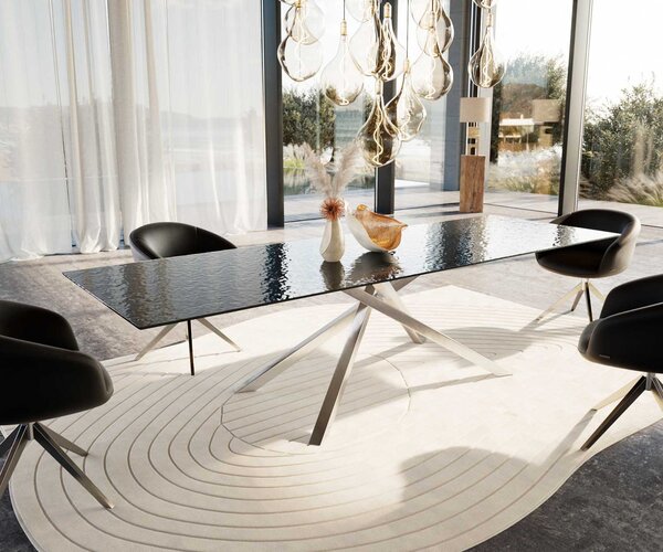 DELIFE Jídelní stůl Edge 300x100 sklo s reliéfem kouřově černé 3D design křížová podnož nerezová ocel
