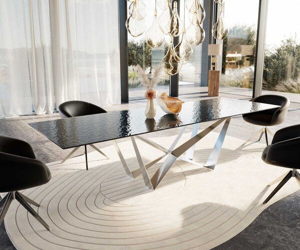 DELIFE Jídelní stůl Edge 300x100 sklo s reliéfem kouřově černé 3D design Spider plochá ocel nerezová ocel