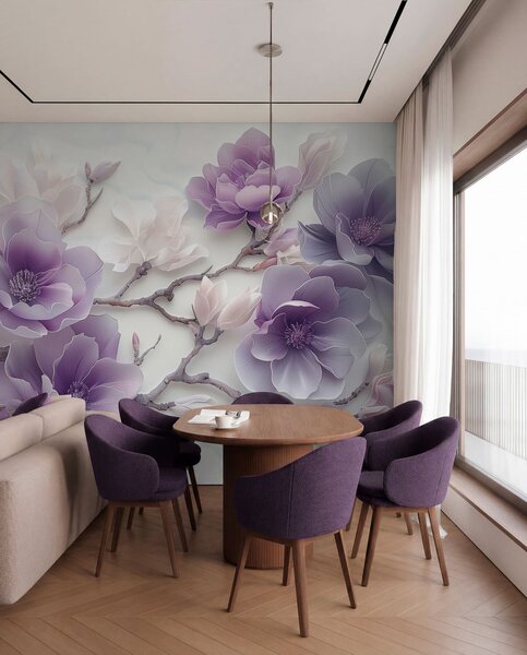 Fototapety Fialové reliéfní květy magnólie na elegantní větvi, Fototapety květiny, w01359 : uwalls.cz