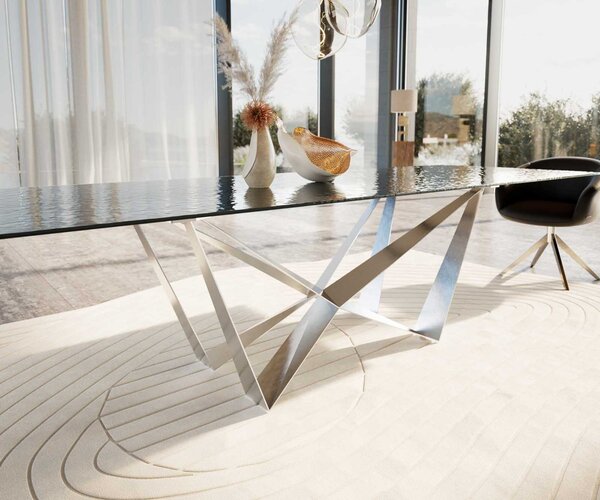 DELIFE Jídelní stůl Edge 300x100 sklo s reliéfem kouřově černé 3D design Spider plochá ocel nerezová ocel