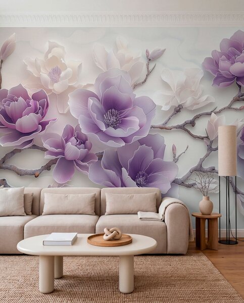 Fototapety Fialové reliéfní květy magnólie na elegantní větvi, Fototapety květiny, w01359 : uwalls.cz