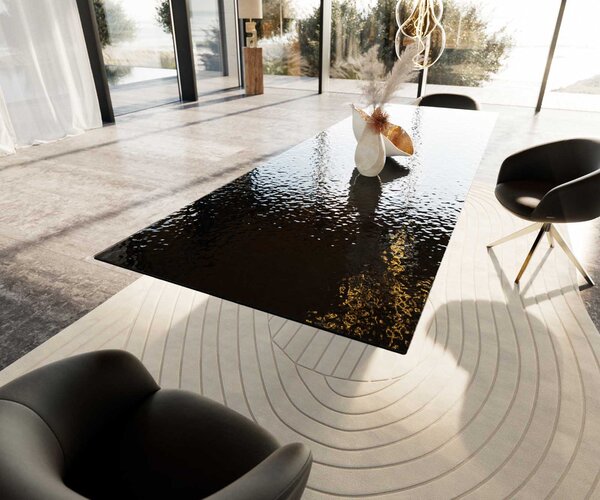 DELIFE Jídelní stůl Edge 300x100 sklo s reliéfem kouřově černé 3D design Spider plochá ocel nerezová ocel