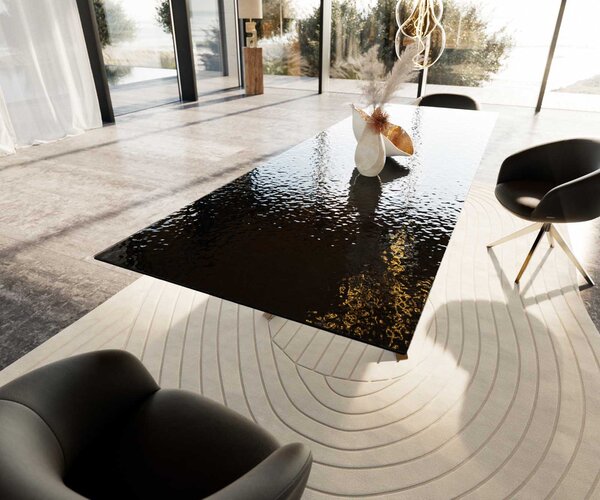 DELIFE Jídelní stůl Edge 300x100 sklo s reliéfem kouřově černé 3D design křížová podnož nerezová ocel