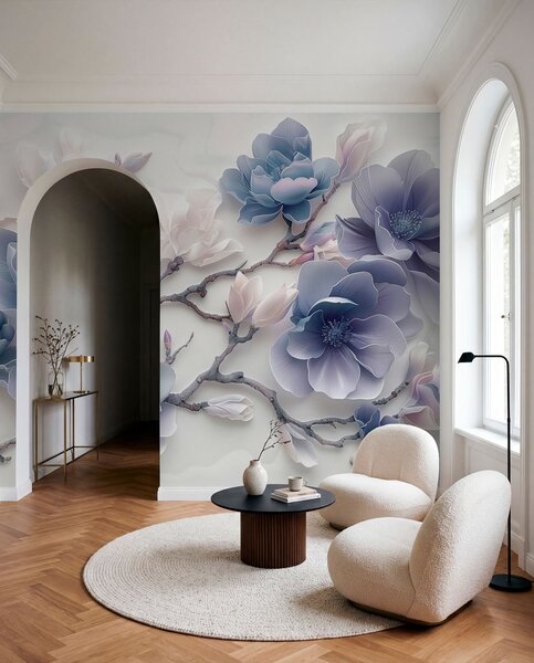 Fototapety Modré reliéfní květy magnólie na elegantní větvi, Fototapety květiny, w01359v1 : uwalls.cz