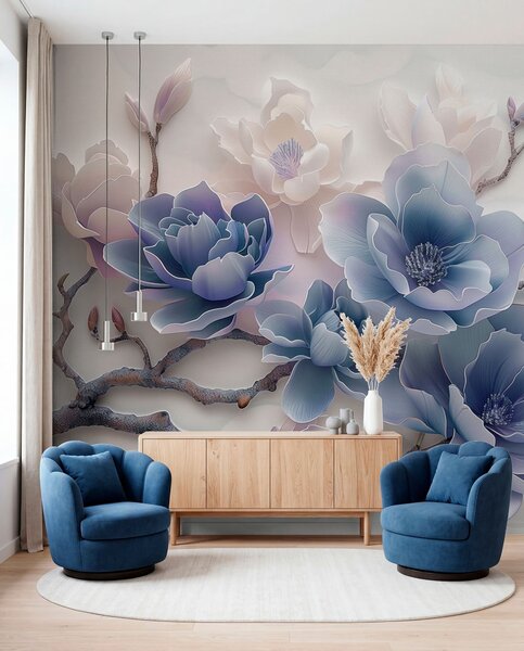 Fototapety Modré reliéfní květy magnólie na elegantní větvi, Fototapety květiny, w01359v1 : uwalls.cz