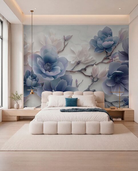 Fototapety Modré reliéfní květy magnólie na elegantní větvi, Fototapety květiny, w01359v1 : uwalls.cz