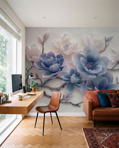 Fototapety Modré reliéfní květy magnólie na elegantní větvi, Fototapety květiny, w01359v1 : uwalls.cz
