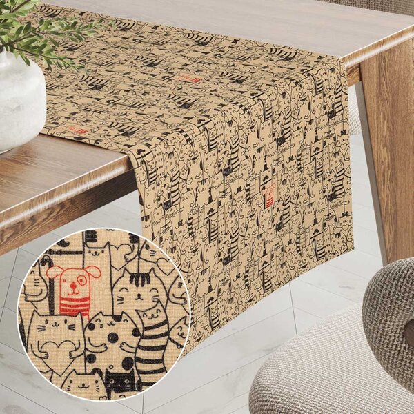 Biante Dekorační běhoun na stůl PML-093 Pes mezi kočkami na hnědobéžovém 20x120 cm