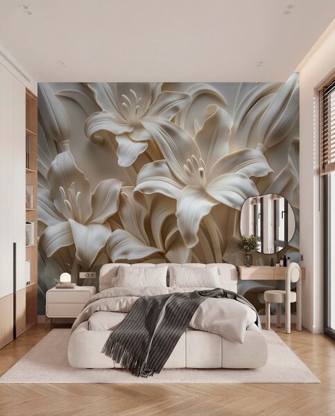 Fototapety Elegantní béžový 3D reliéf vyřezávaných lilií, Fototapety 3D, Fototapety 3d květiny, w01433 : uwalls.cz