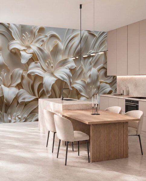 Fototapety Elegantní béžový 3D reliéf vyřezávaných lilií, Fototapety 3D, Fototapety 3d květiny, w01433 : uwalls.cz